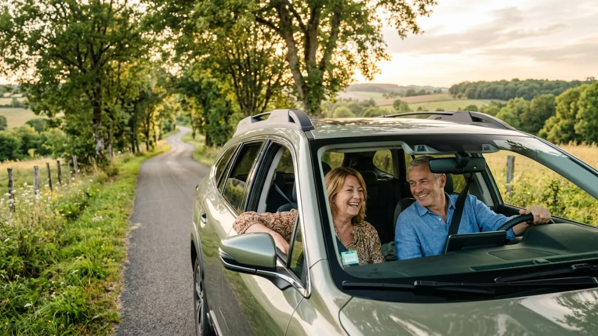 Un couple de 50 ans en road-trip sur une route bordée d'arbres au soleil.