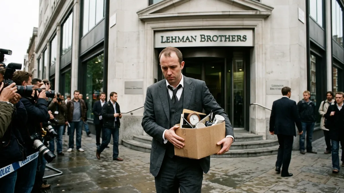 Employé en costume quittant Lehman Brothers avec ses affaires en septembre 2008.
