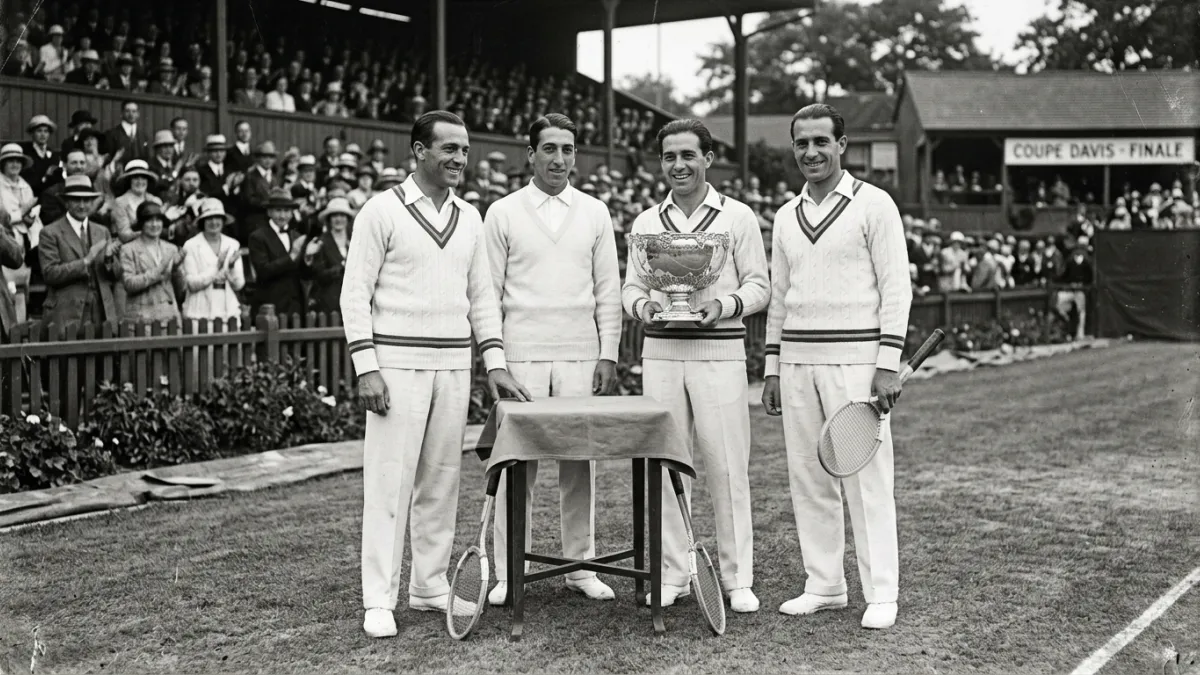 Photographie historique d'époque en noir et blanc des Quatre Mousquetaires du tennis français en ten