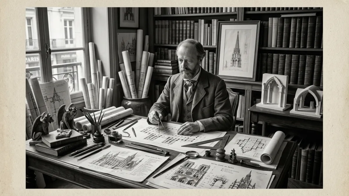 Portrait ancien en noir et blanc d'Eugène Viollet-le-Duc à son bureau.