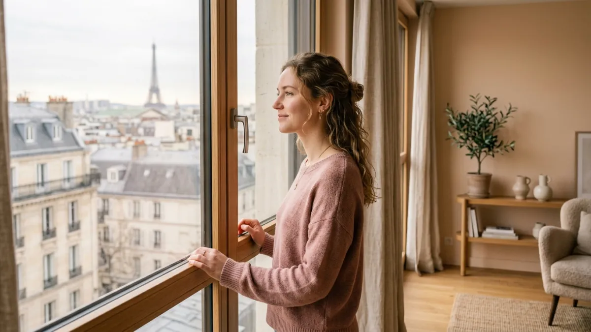 Jeune femme pensive regardant par la fenêtre d'un appartement lumineux.