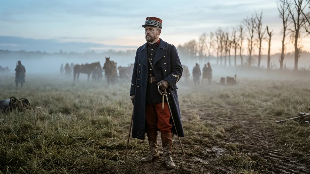 Portrait historique dramatique de Charles Peguy en uniforme d'officier francais de 1914 avec kepi et
