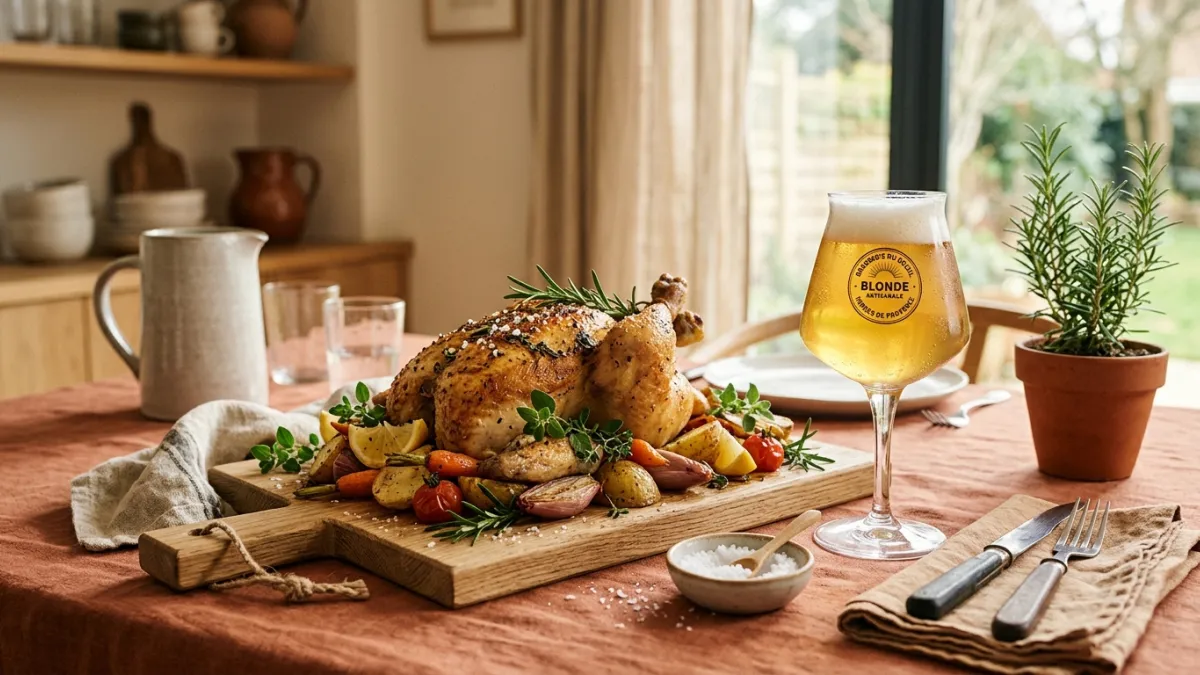 Poulet rôti aux herbes et bière blonde sur planche en bois.