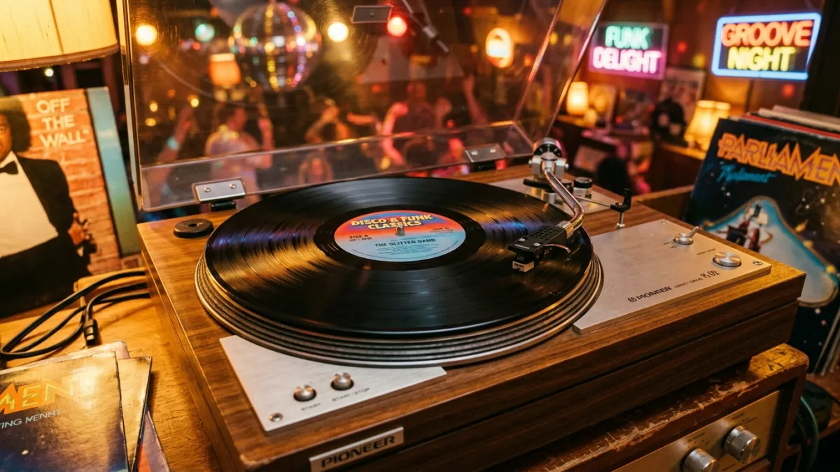 Disque vinyle tournant sur une platine rétro sous une lumière dorée.