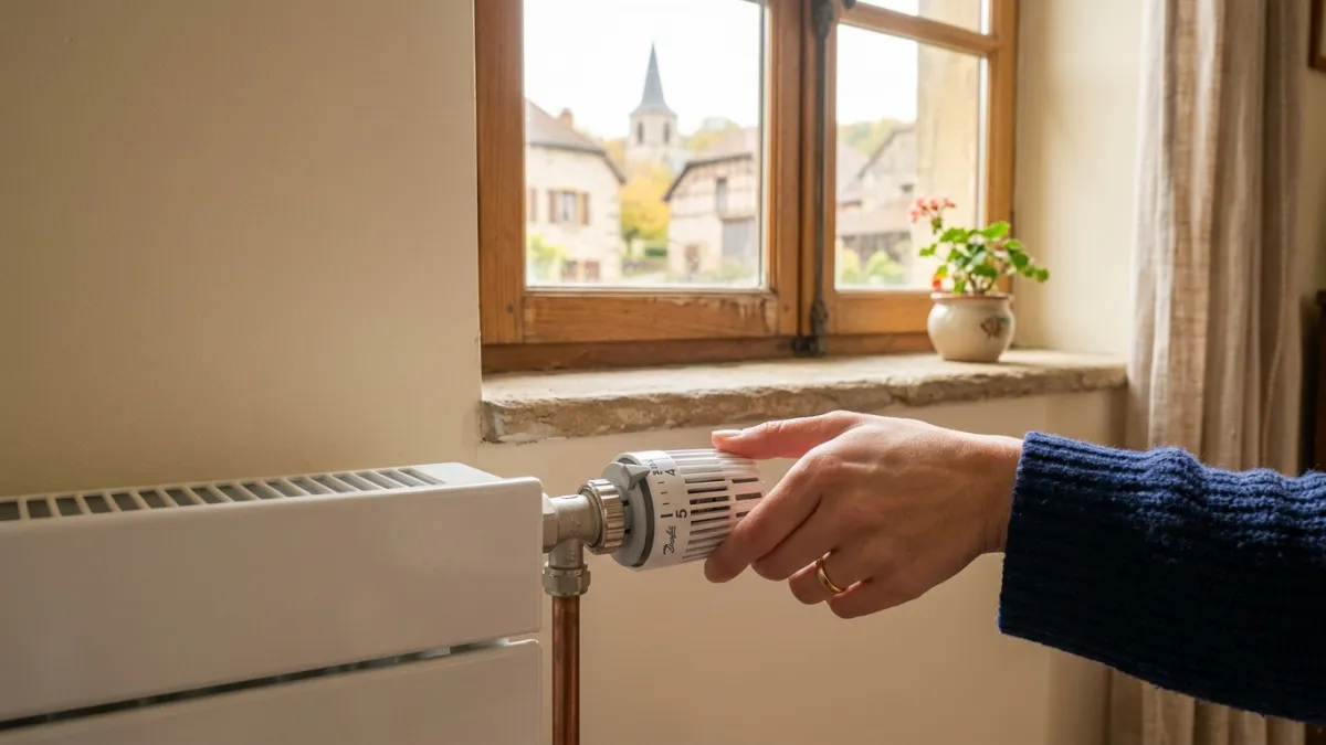 Main ajustant le robinet d'un radiateur moderne, lumière douce.