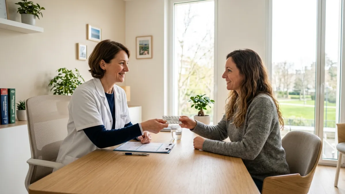 Médecin bienveillante remettant une plaquette de pilules à sa patiente.