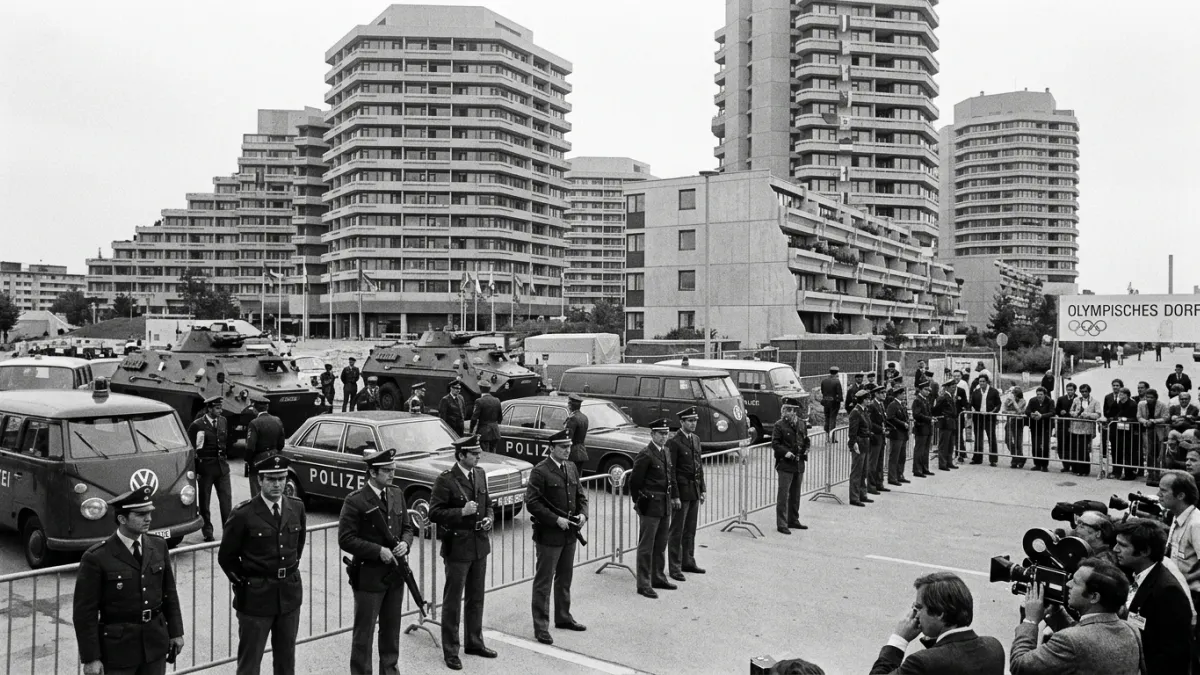 Photographie documentaire d'archives de 1972 montrant les bâtiments du village olympique de Munich a