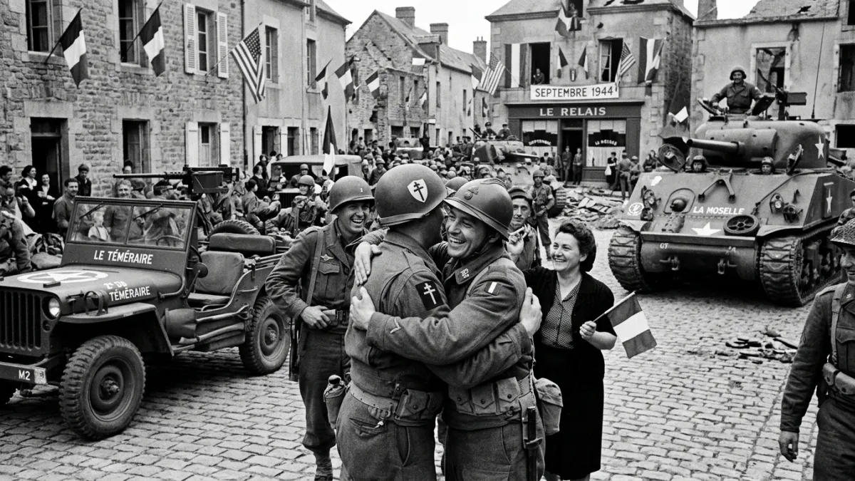 Soldats français de la Libération s'embrassant en septembre 1944.