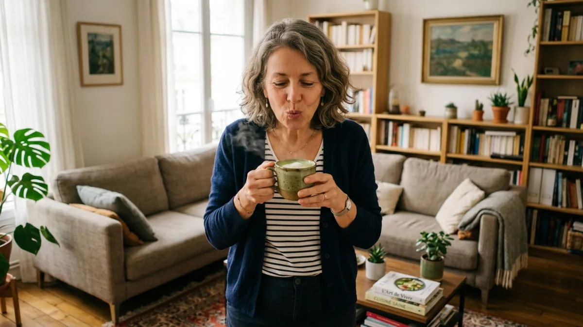 Femme de 55 ans soufflant sur un mug de thé matcha dans son salon.