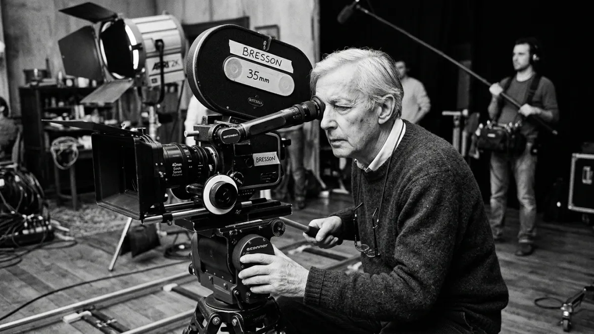 Portrait en noir et blanc de Robert Bresson concentré derrière une caméra.