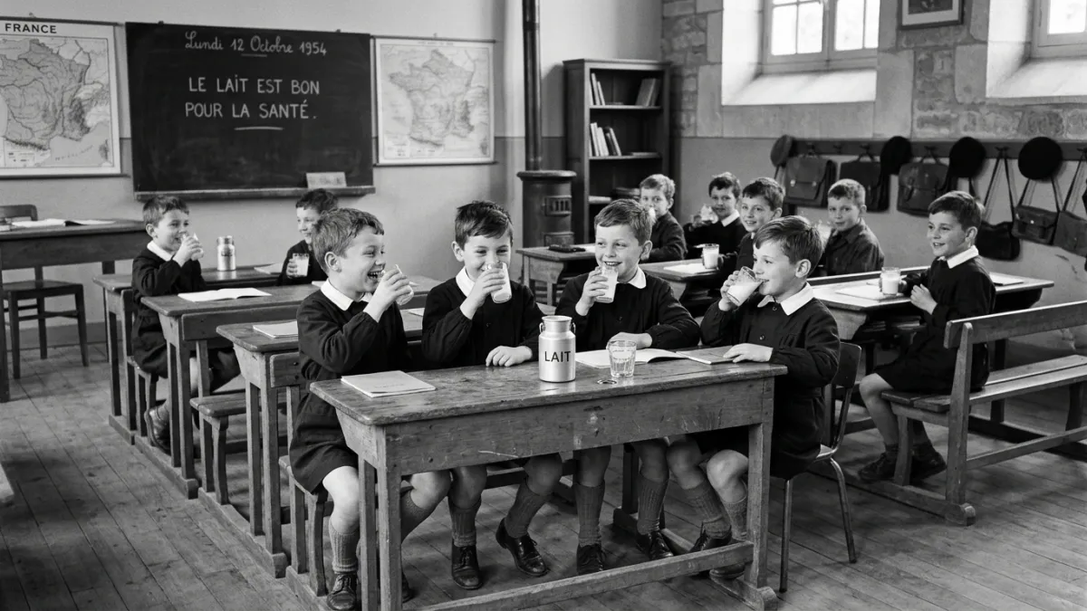Écoliers en tablier buvant du lait à leur pupitre en bois vers 1950.