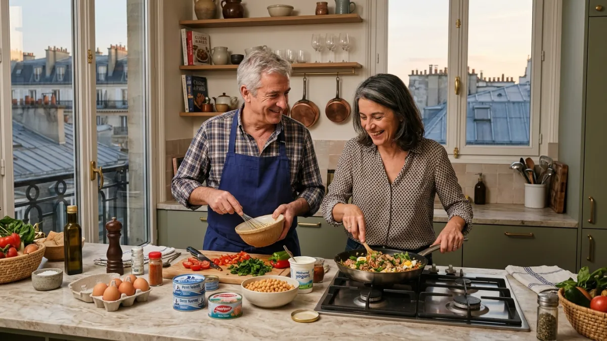 Couple de 50-65 ans cuisinant des protéines dans une cuisine parisienne
