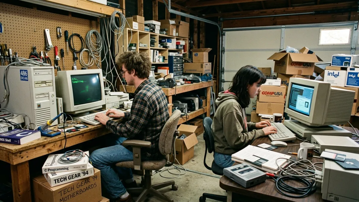 Deux jeunes informaticiens des annees 1990 travaillant sur de vieux ordinateurs a ecrans cathodiques