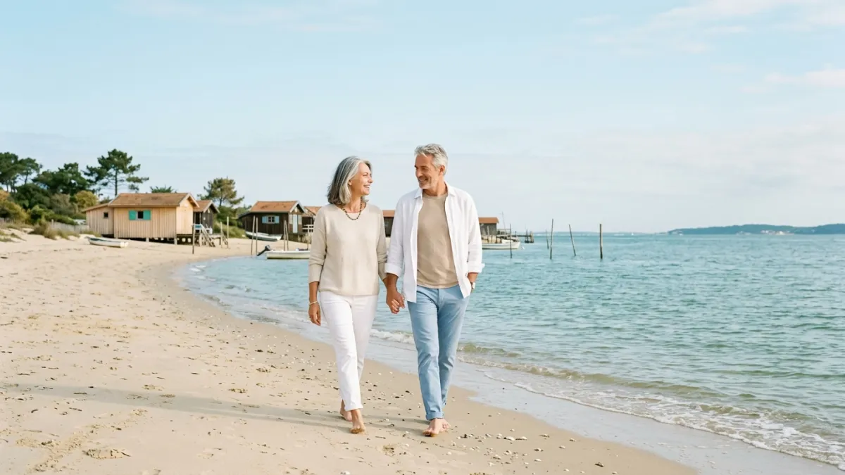 Un couple mûr marche sereinement sur une plage préservée du Bassin d'Arcachon.