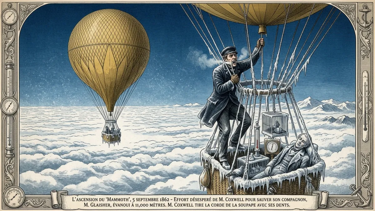 Illustration réaliste d'époque victorienne : un immense ballon à gaz au-dessus d'une mer de nuages à