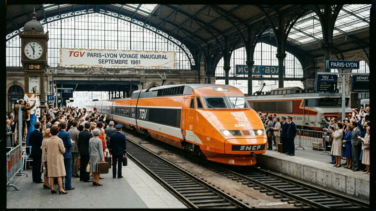 TGV Sud-Est orange à quai en gare en 1981, ambiance rétro.