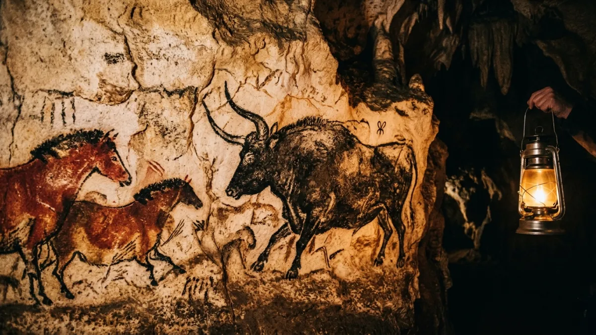 Peintures rupestres de taureaux et chevaux éclairées par une lanterne.