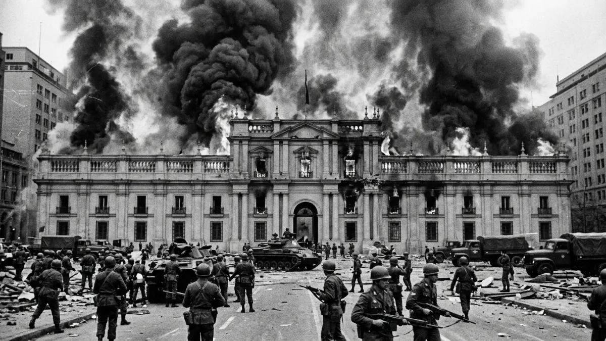 Le palais présidentiel de La Moneda en feu à Santiago en 1973.