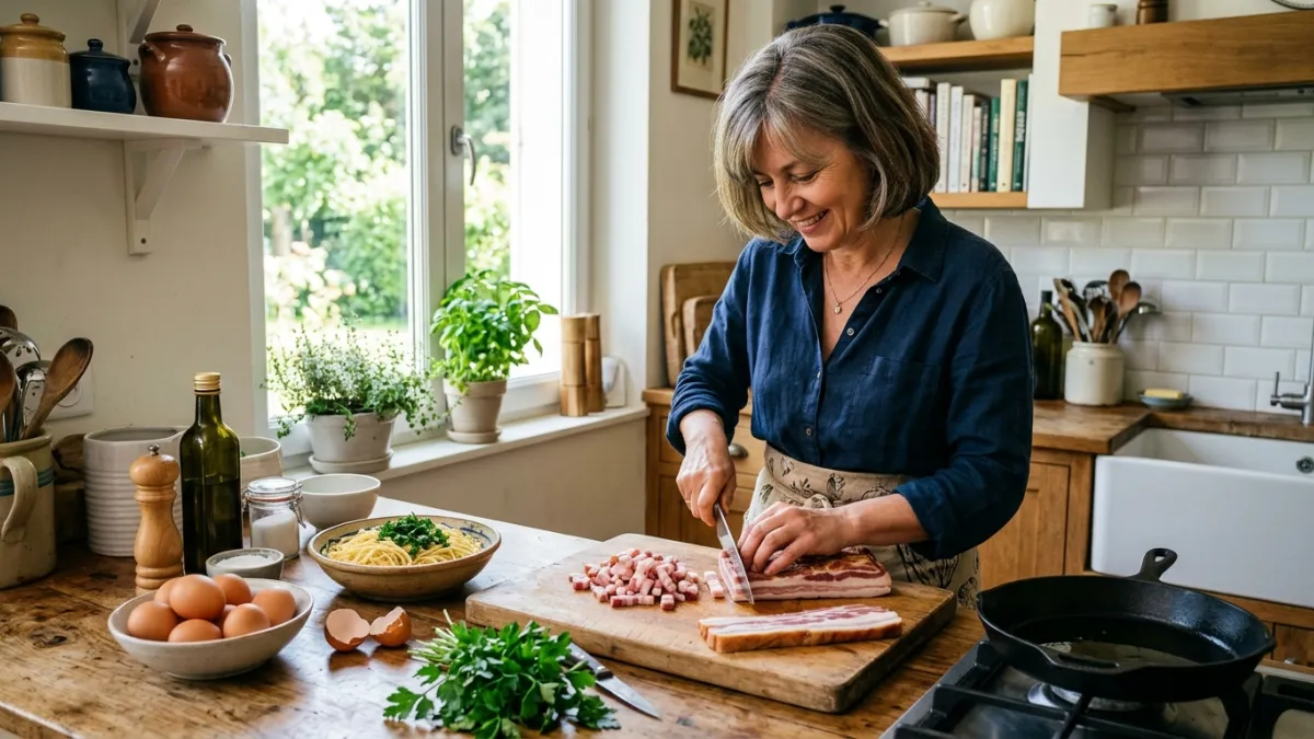 Femme de 50 ans préparant des lardons dans une cuisine lumineuse.