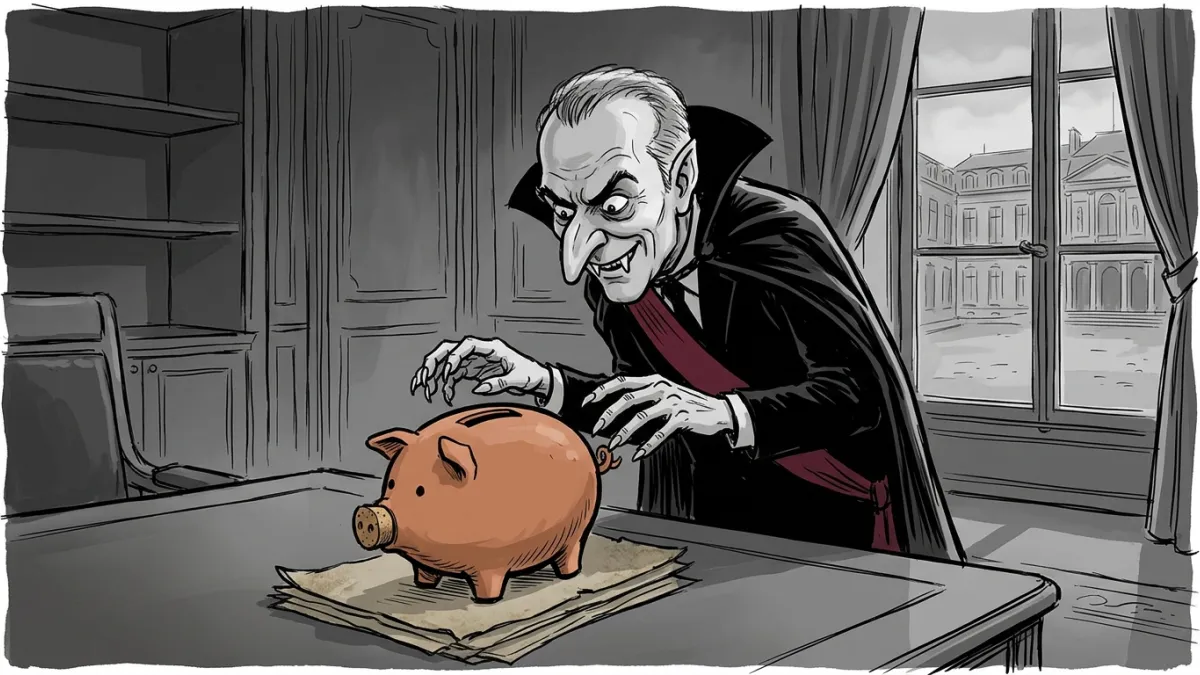 dans un style dessin de presse, un président de la république qui ressemble à un vampire regarde ave