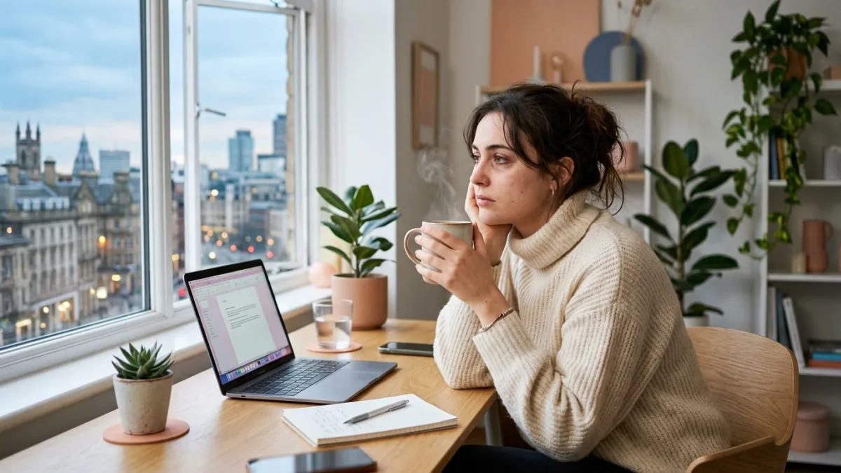 Employée fatiguée avec une tasse fumante, près d'une fenêtre lumineuse.