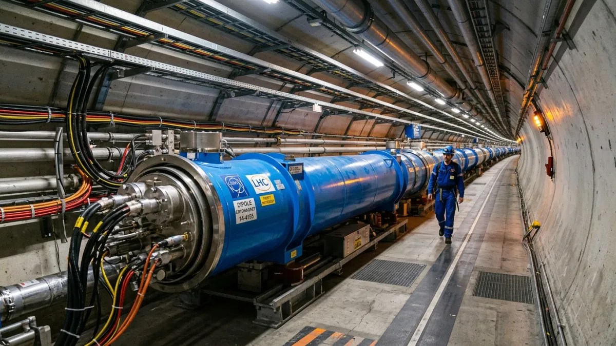 Photographie du tunnel circulaire souterrain du Grand collisionneur de hadrons (LHC) au CERN, montra