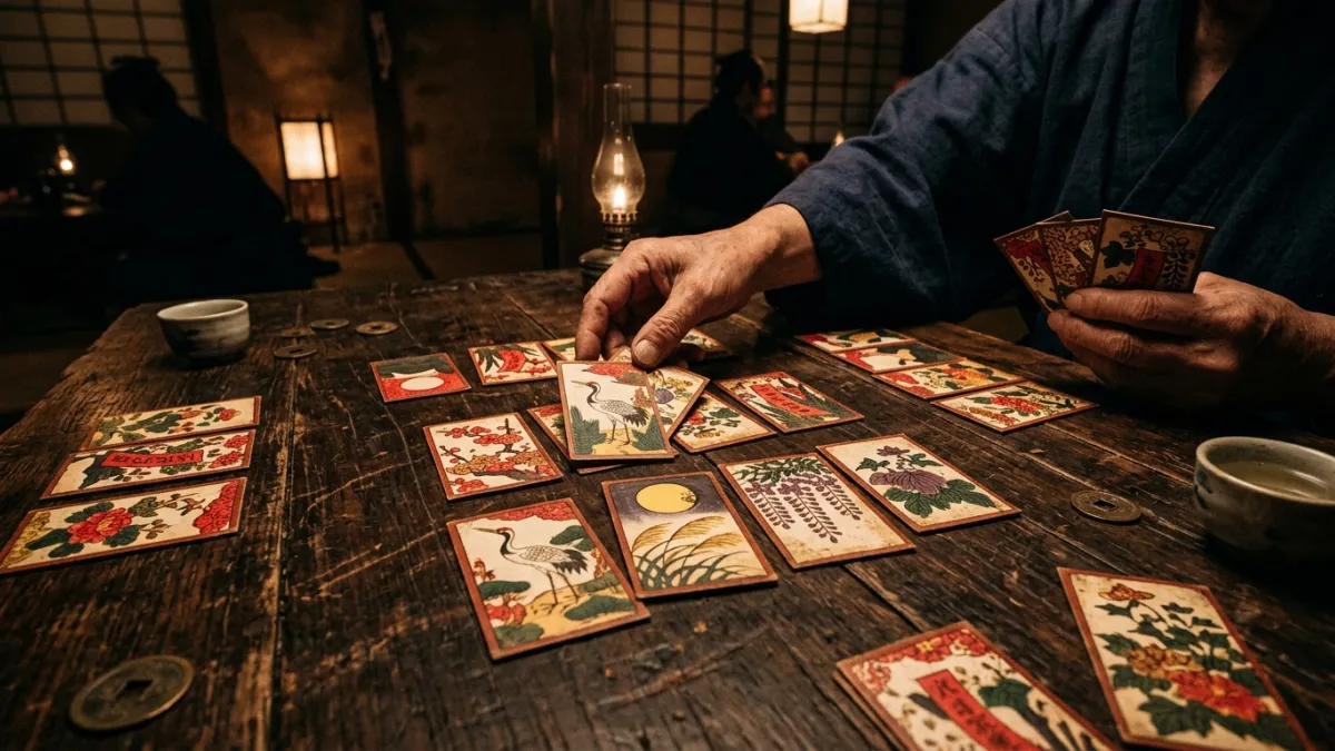 Gros plan de cartes hanafuda traditionnelles sur une table en bois sombre.