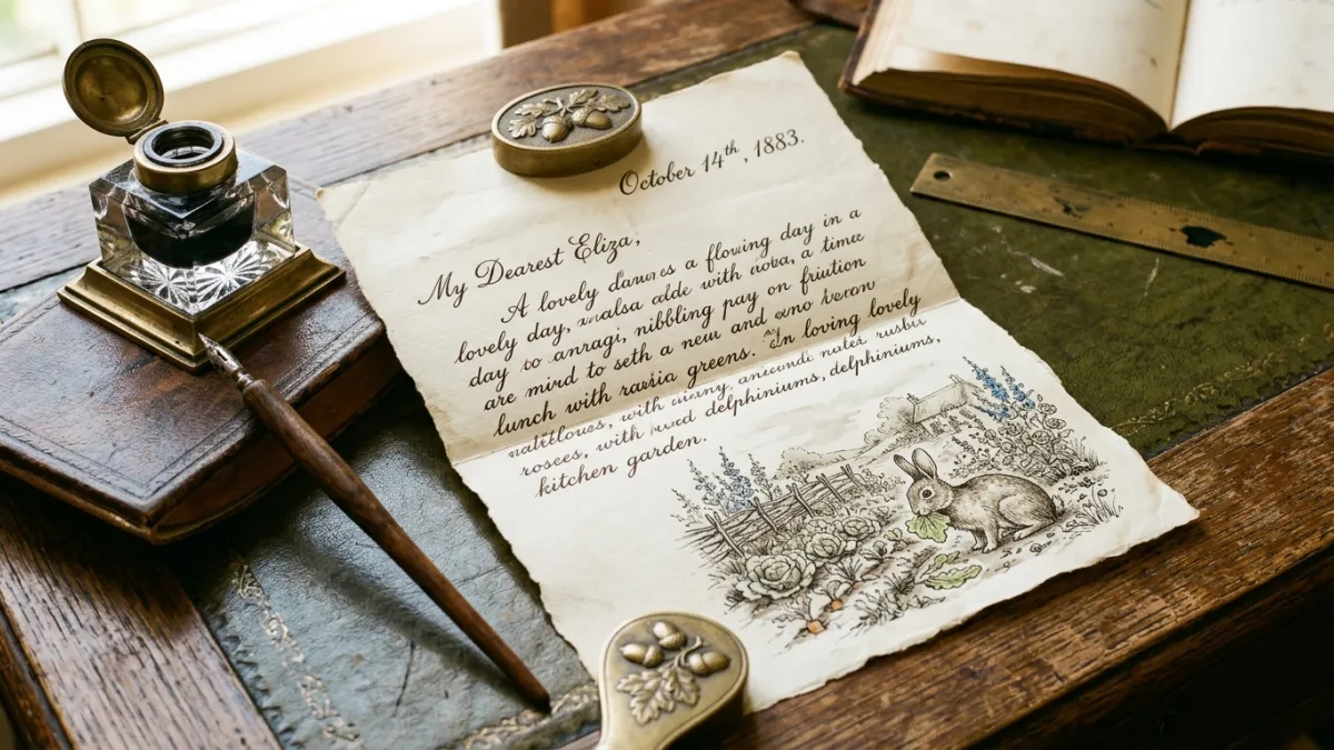 Photographie d'une lettre manuscrite à la plume d'époque victorienne, ornée d'un délicat croquis à l