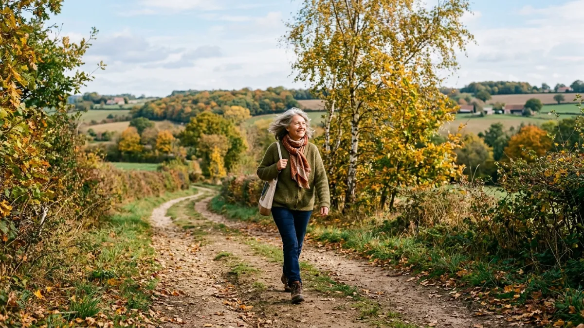 Femme de 60 ans marchant sur un chemin de campagne aux arbres jaunissants.