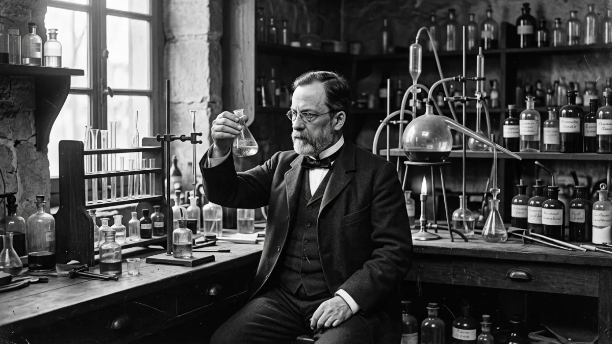 Louis Pasteur observant un flacon dans son laboratoire au XIXe siècle.