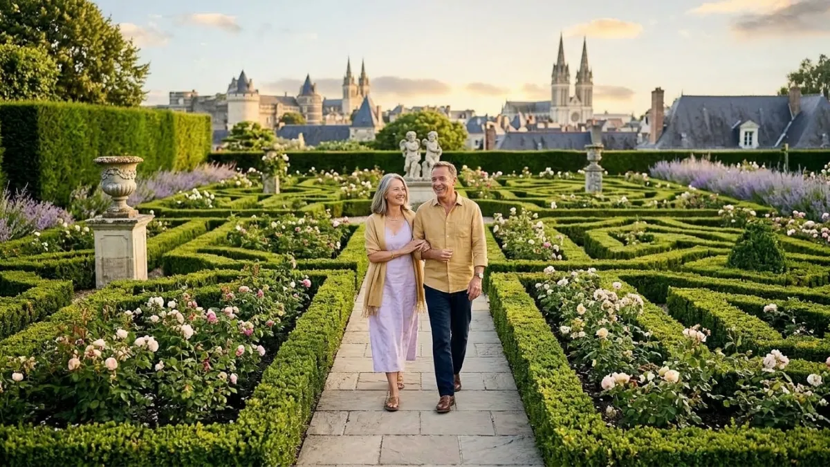 Couple cinquantenaire élégant marchant dans un jardin à la française à Angers.