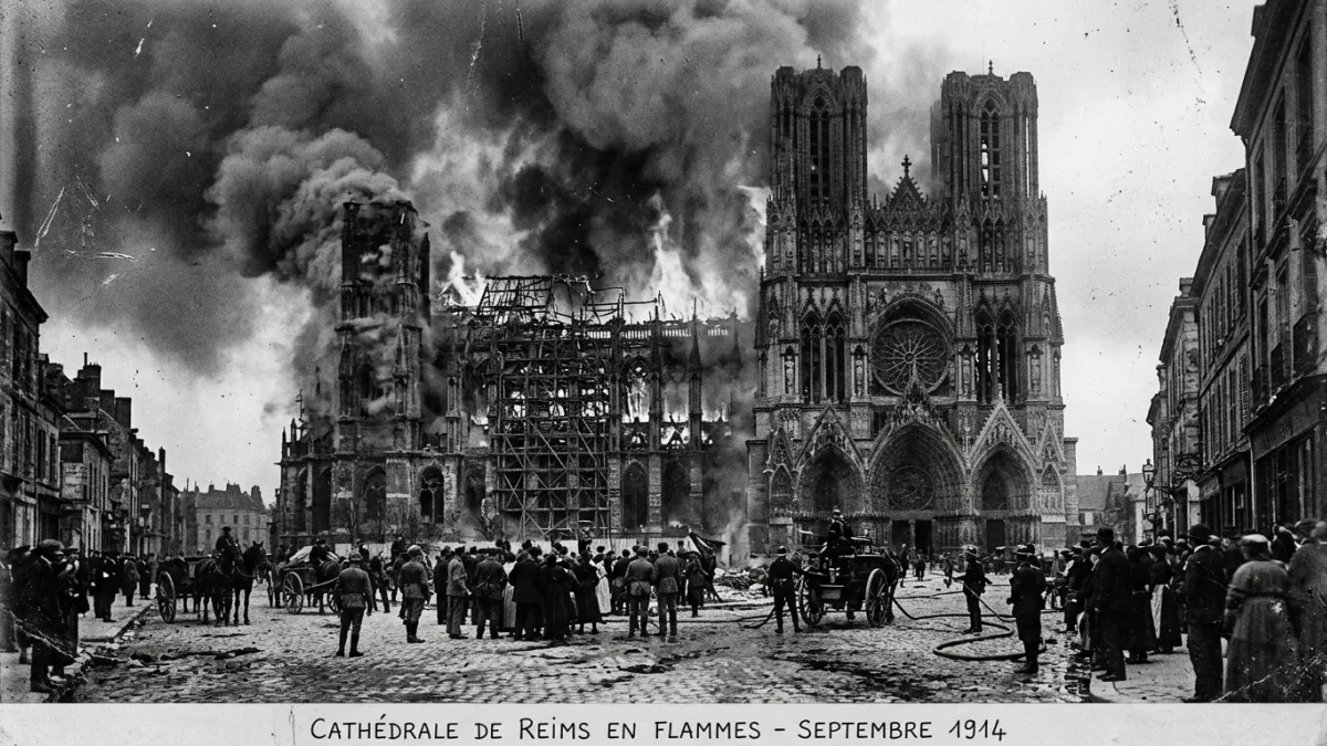 Cathédrale Notre-Dame de Reims en flammes en septembre 1914.