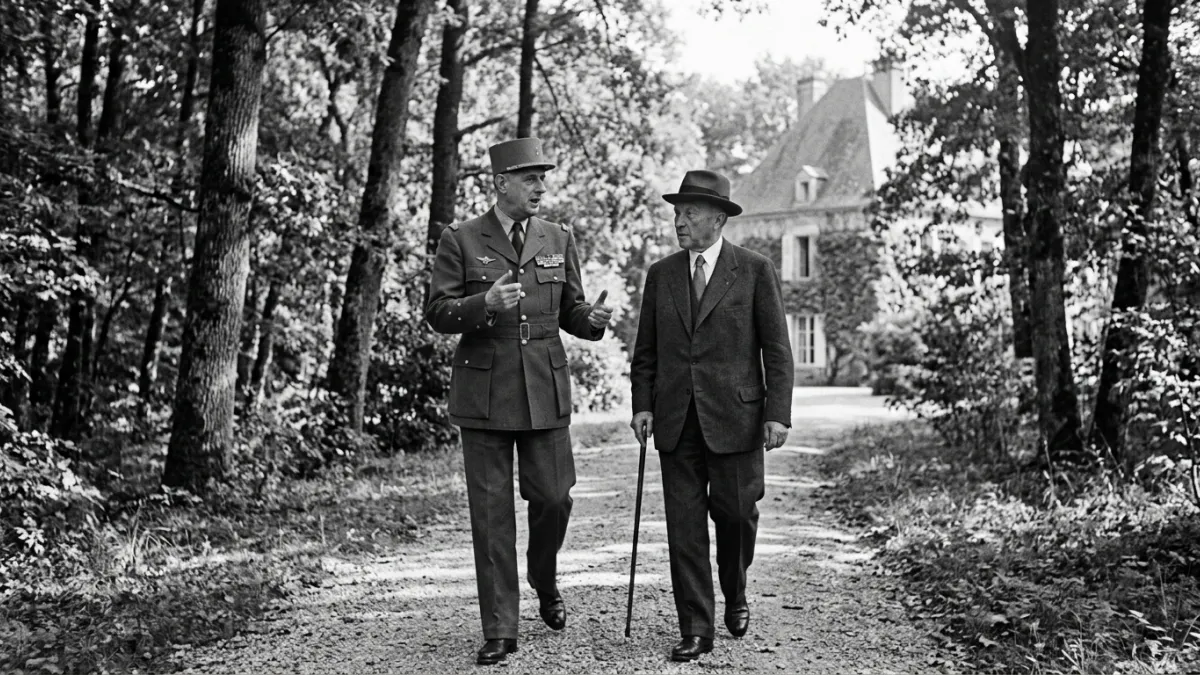 Charles de Gaulle et Konrad Adenauer marchant à Colombey en 1958.
