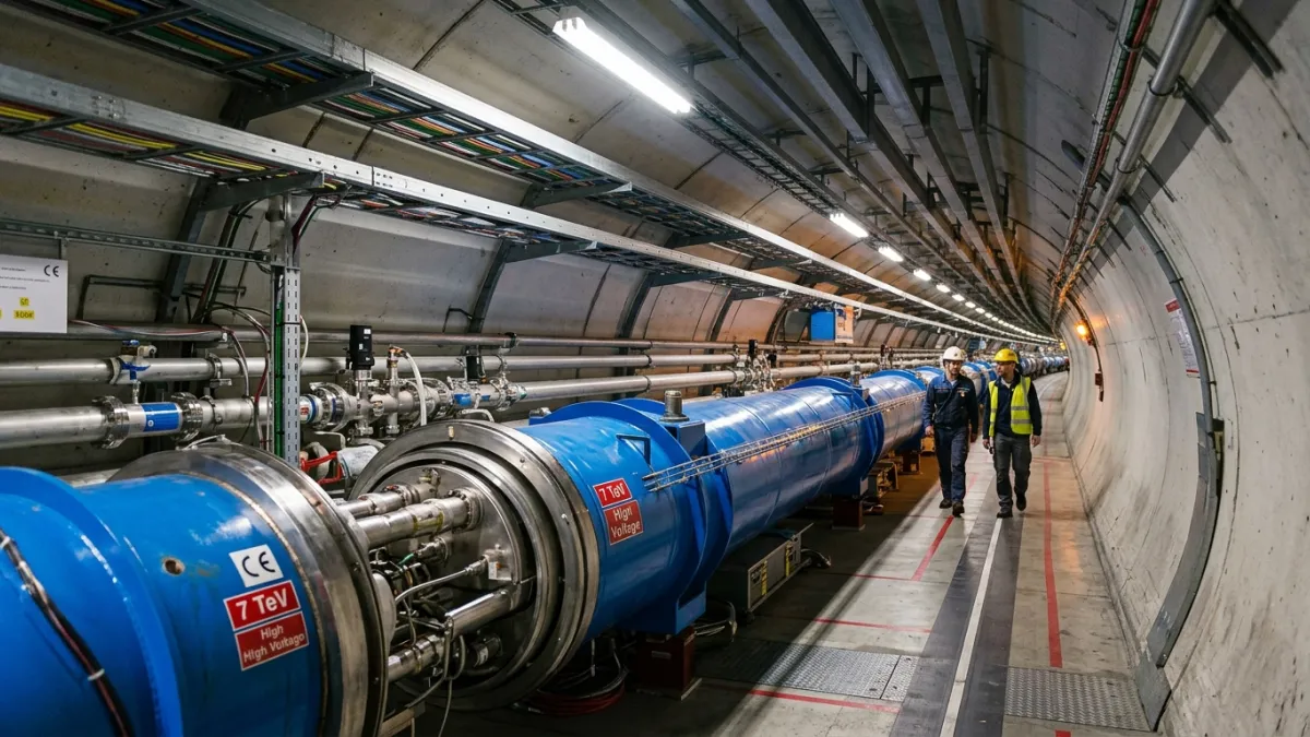 Intérieur du tunnel du LHC du CERN avec ses aimants supraconducteurs.