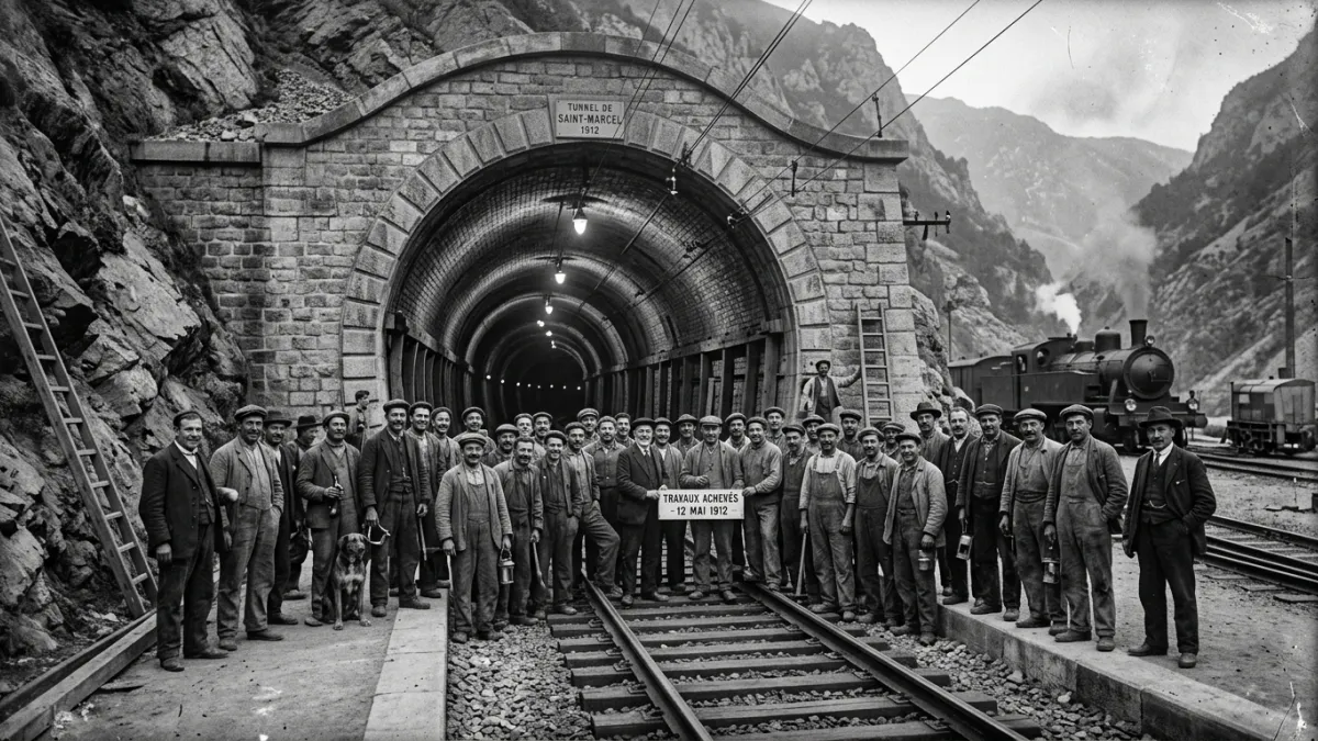 Photo d'époque montrant le tunnel achevé entouré des ouvriers.