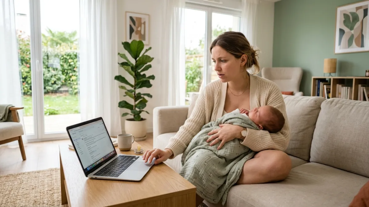 Une mère berce son bébé tout en regardant un ordinateur portable.