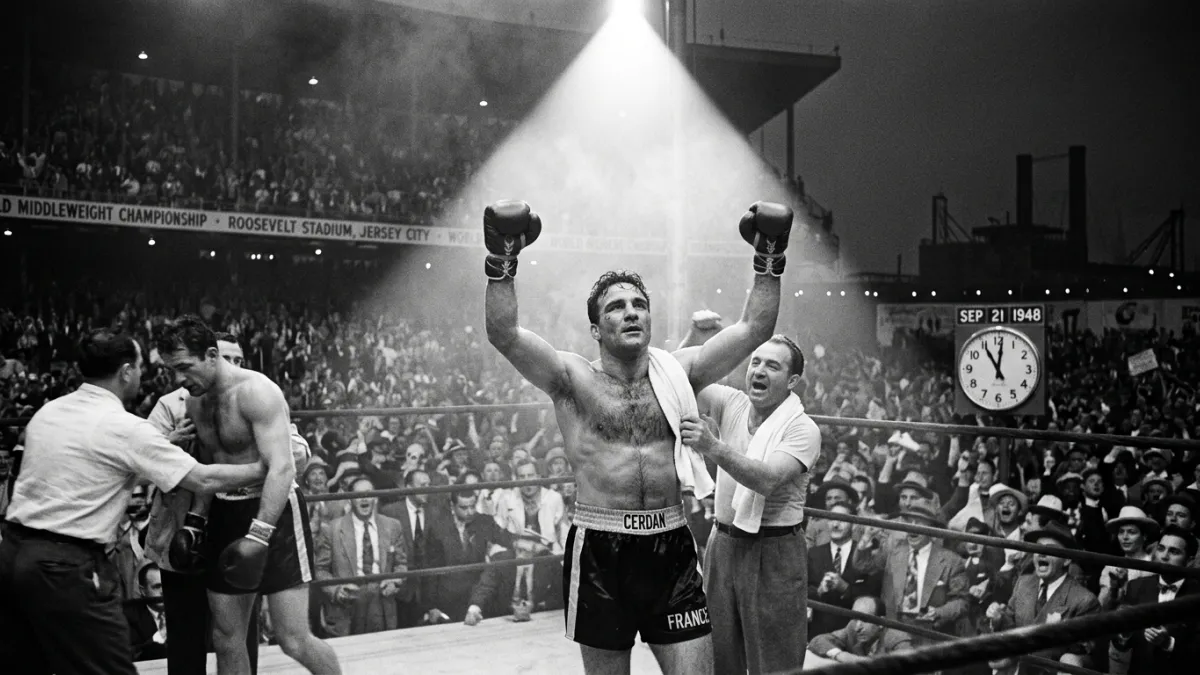 Marcel Cerdan victorieux sur le ring en 1948, les bras levés.