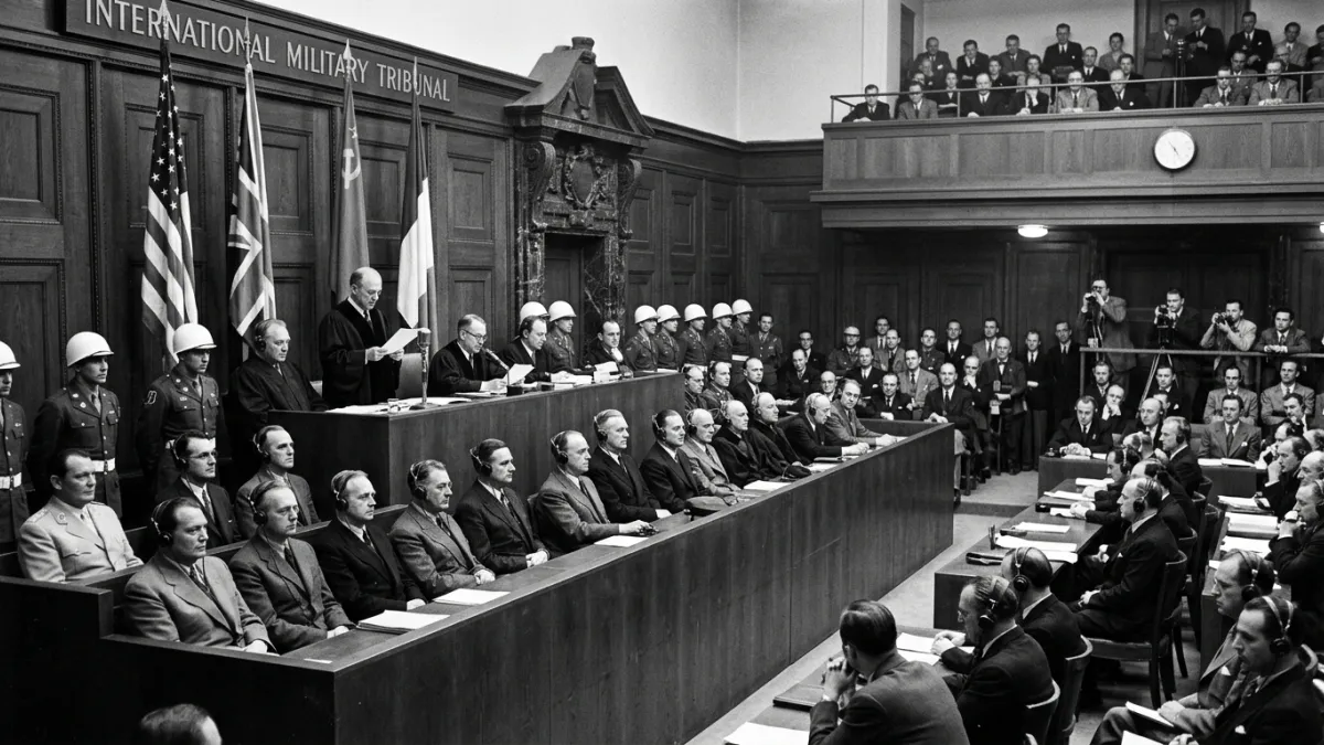 Salle d'audience 600 de Nuremberg en 1946, les accusés et les juges.