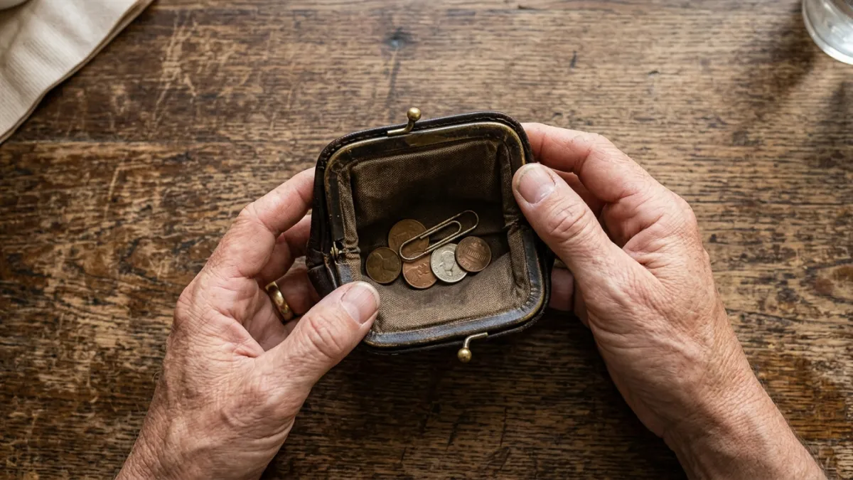 Mains tenant un porte-monnaie presque vide avec quelques pièces.