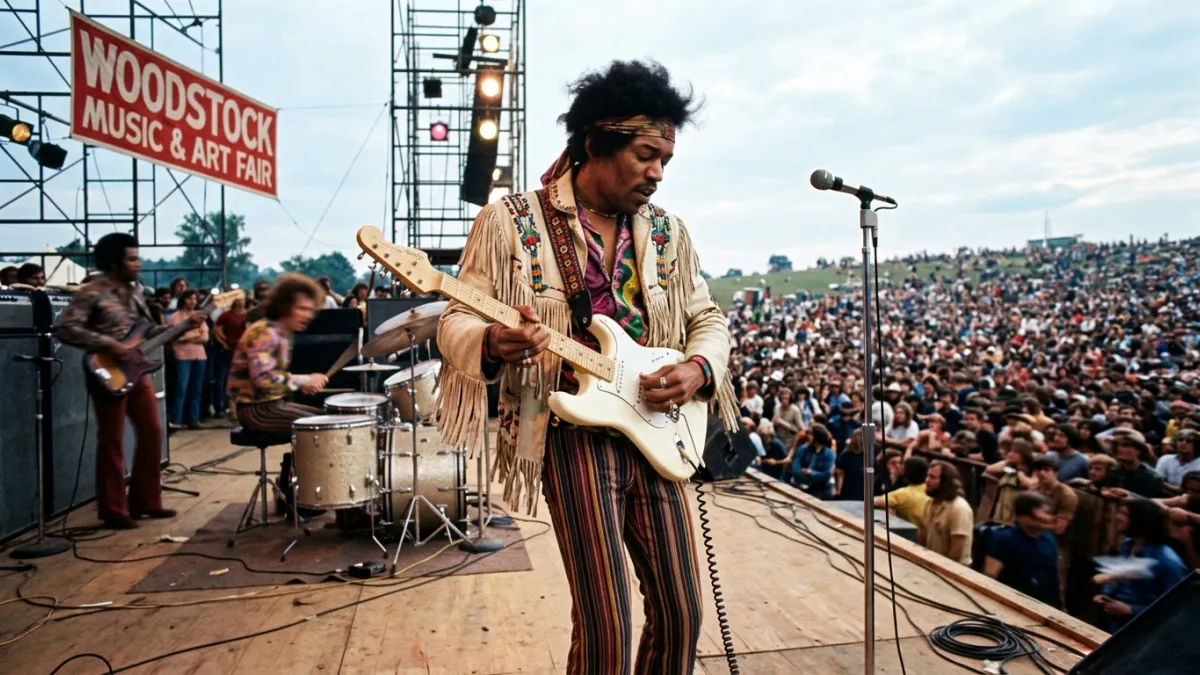Jimi Hendrix jouant de la guitare électrique sur scène à Woodstock.