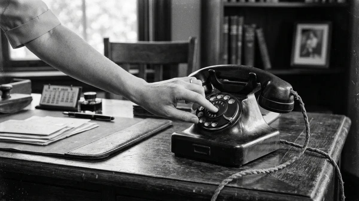 Téléphone en bakélite noire sur bureau en bois, main composant le numéro.