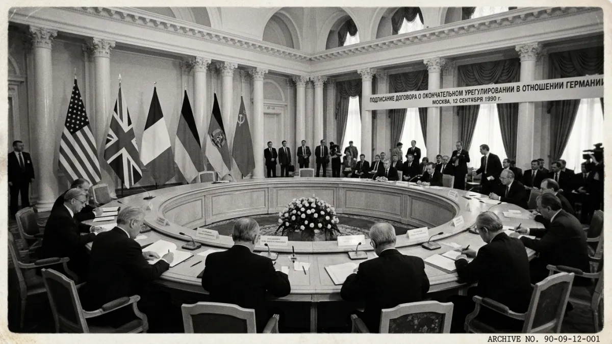 Ministres signant le traité de Moscou en 1990 devant leurs drapeaux.