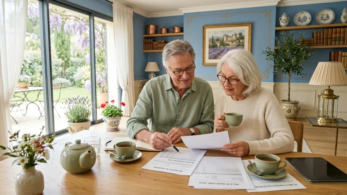Un couple de seniors contemporain assis sereinement autour d'une table en bois clair dans une pièce 