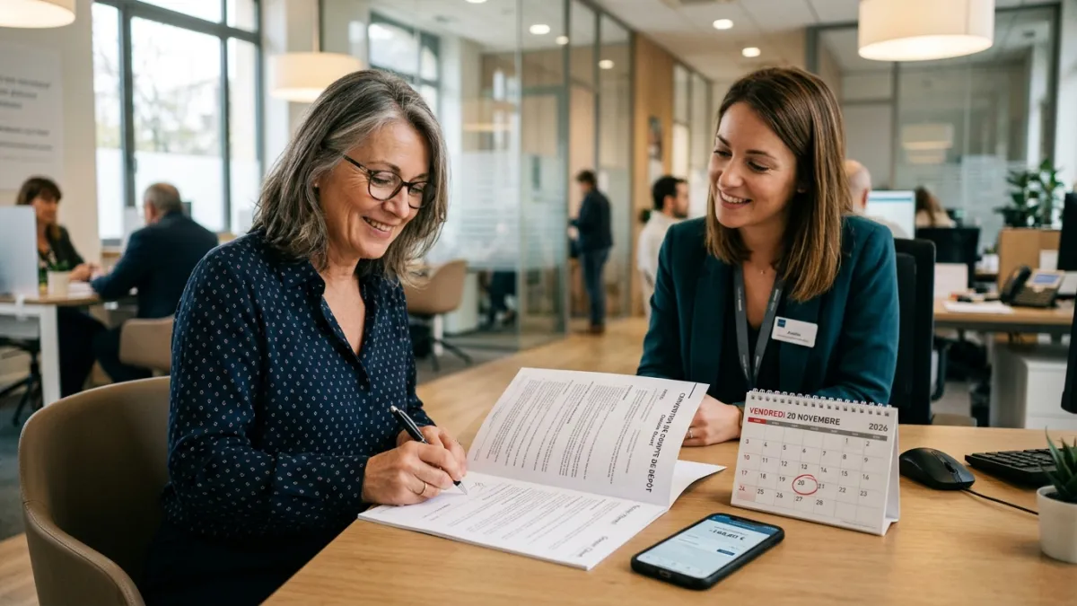 Client de 55 ans avec conseiller, dossier et calendrier au 20 novembre 2026.