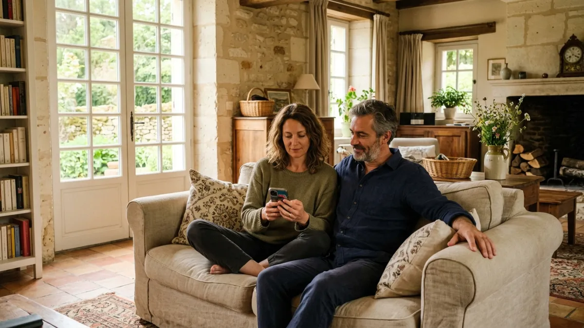 Couple de 45 ans sur un canapé, l'un regardant discrètement l'écran du mobile.