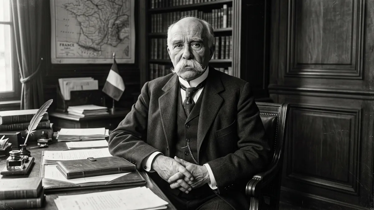 Portrait en noir et blanc de Georges Clemenceau moustachu et déterminé.