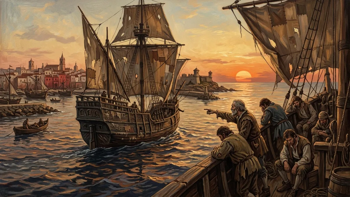 Une illustration historique de la nef Victoria, caraque espagnole du XVIe siècle aux voiles déchirée
