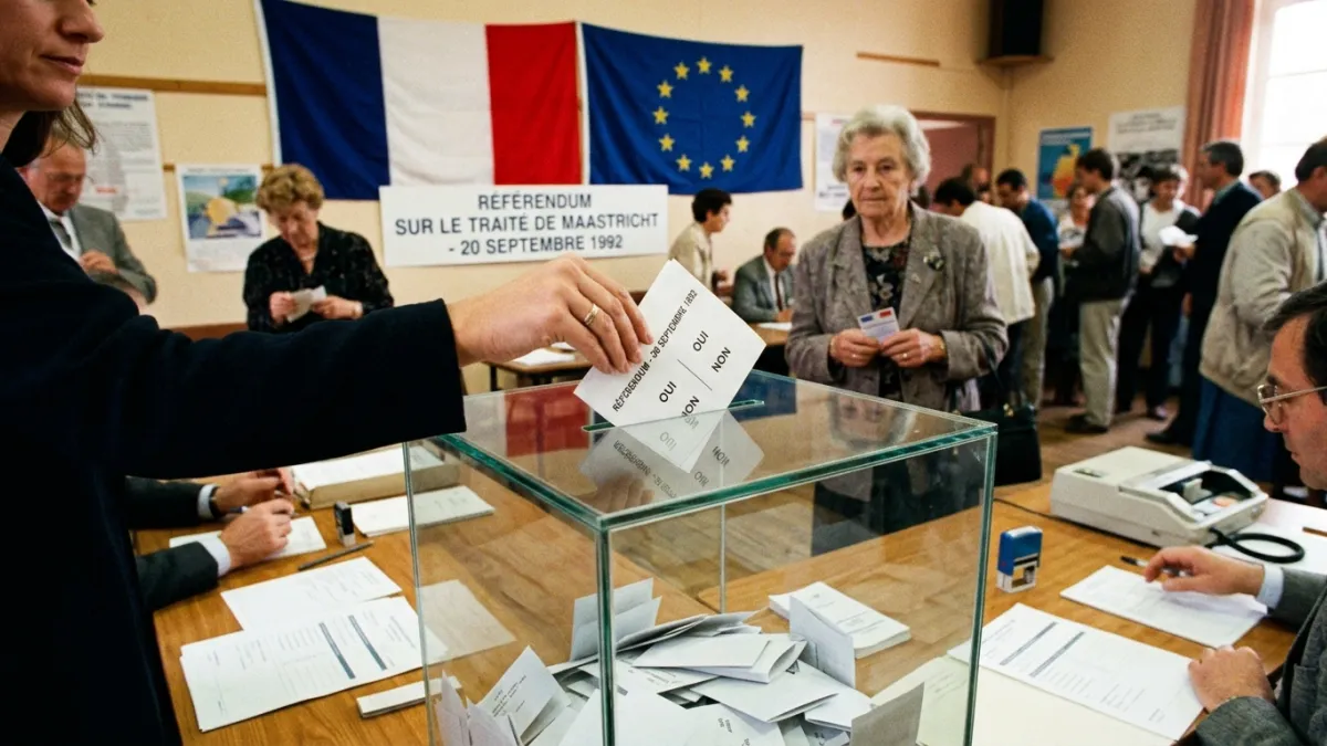 Une main glissant un bulletin dans une urne sous les drapeaux français et europé
