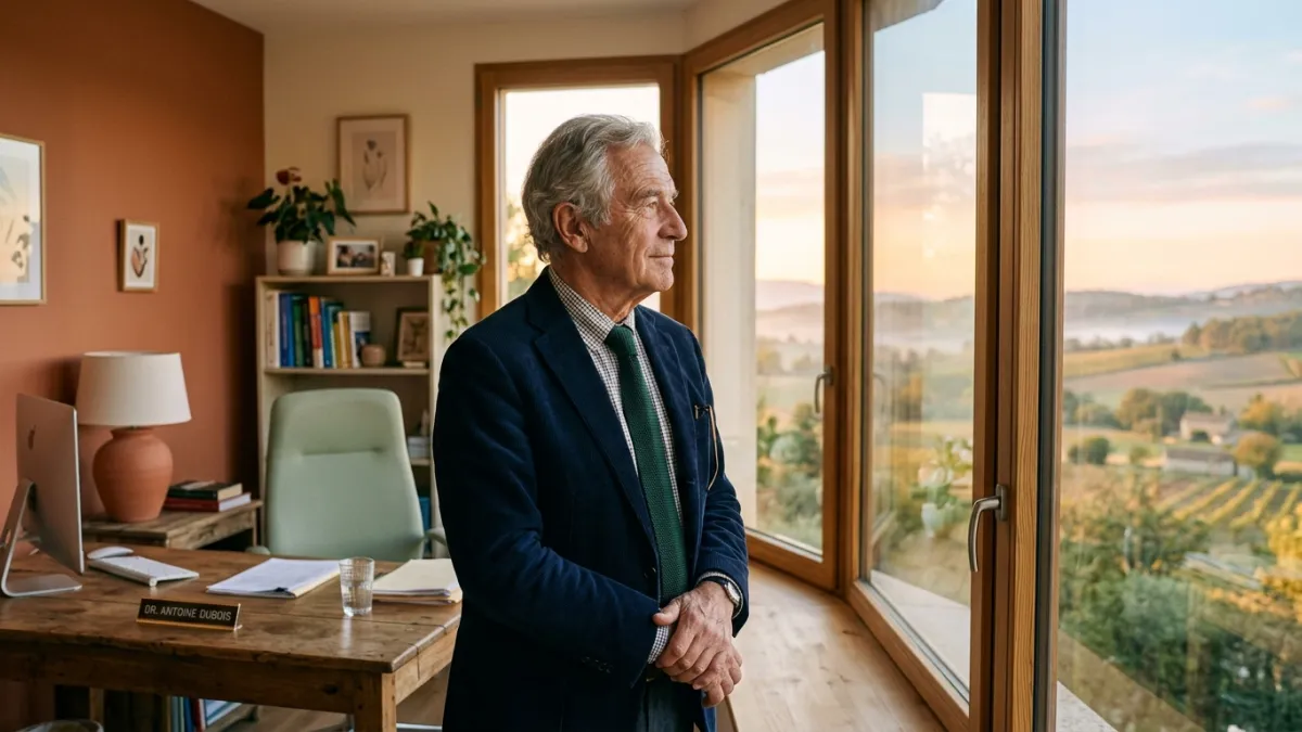 Un vieux médecin regarde par la fenêtre de son cabinet au lever du soleil
