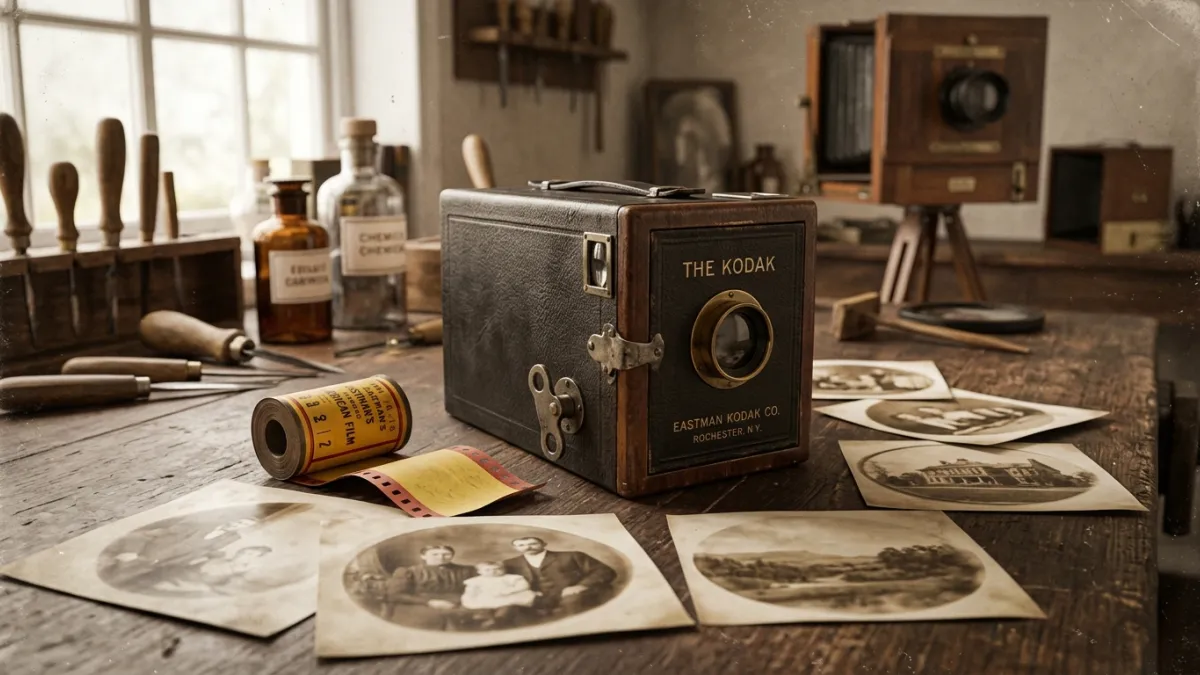 Photographie de style vintage montrant le premier appareil photo boîte Kodak de 1888 en cuir noir et